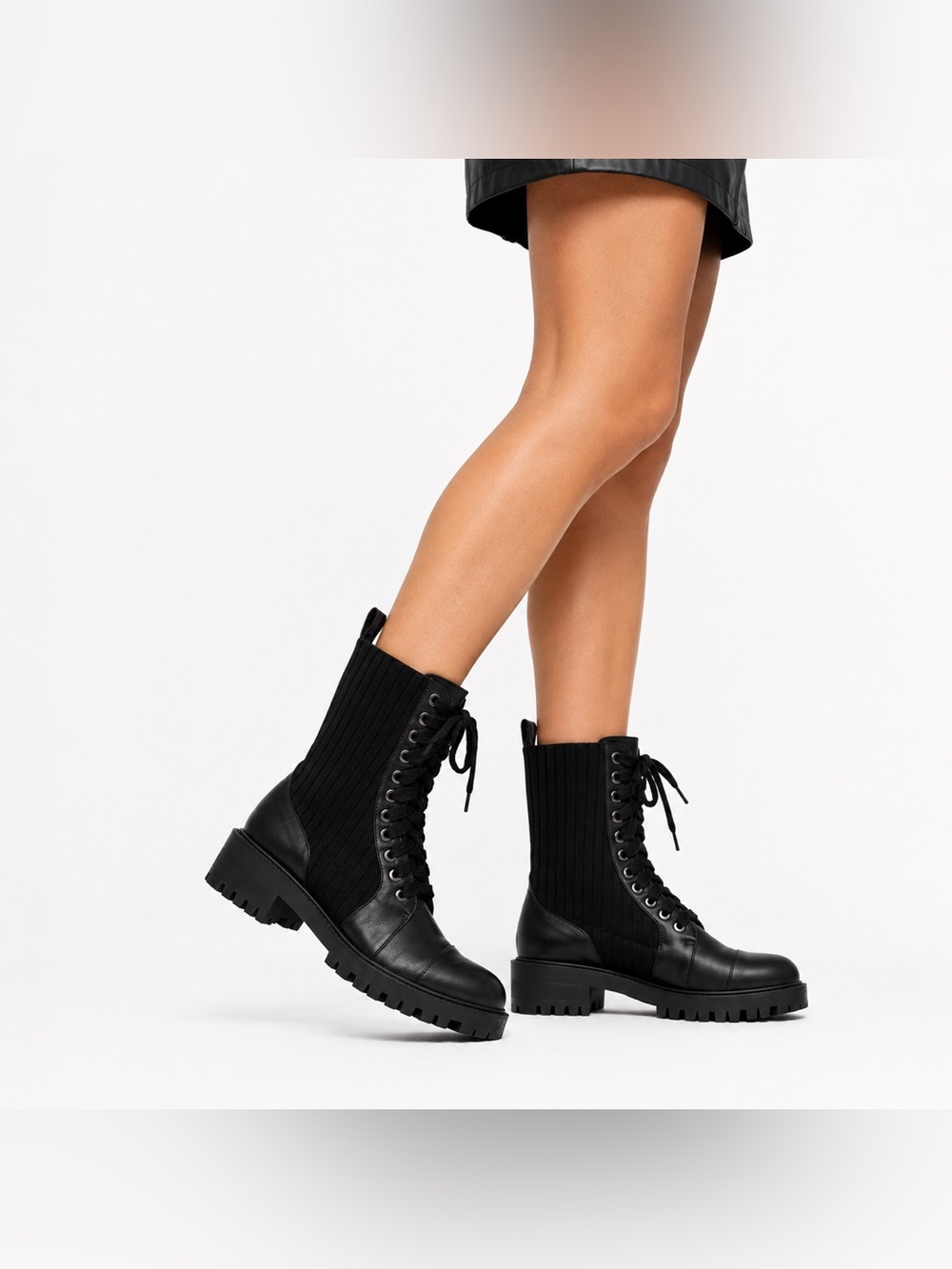 ZARA Black Military Combat Boots Ribbed Knit Panel Platform Lug Sole SZ 37